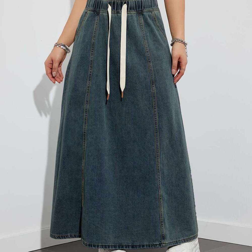 Cross-Border Foreign Trade European and American Style Design Elastic Waist Loose Big Hem Denim Women's Casual Long Skirt