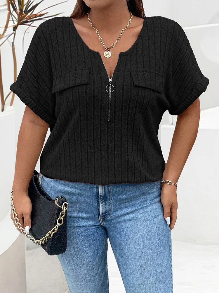 GIBSIE Plus Size Solid ORing Zip Front TShirt for Women Summer ONeck Short Sleeve Rib Knit Casual Tees Tops Female 250729
