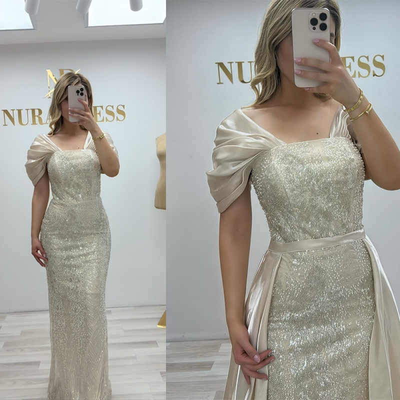 Classic Evening Dresses For Women Off Shoulder Sleeveless Gown Sequins Detachable Train Dress Party Customized Dress