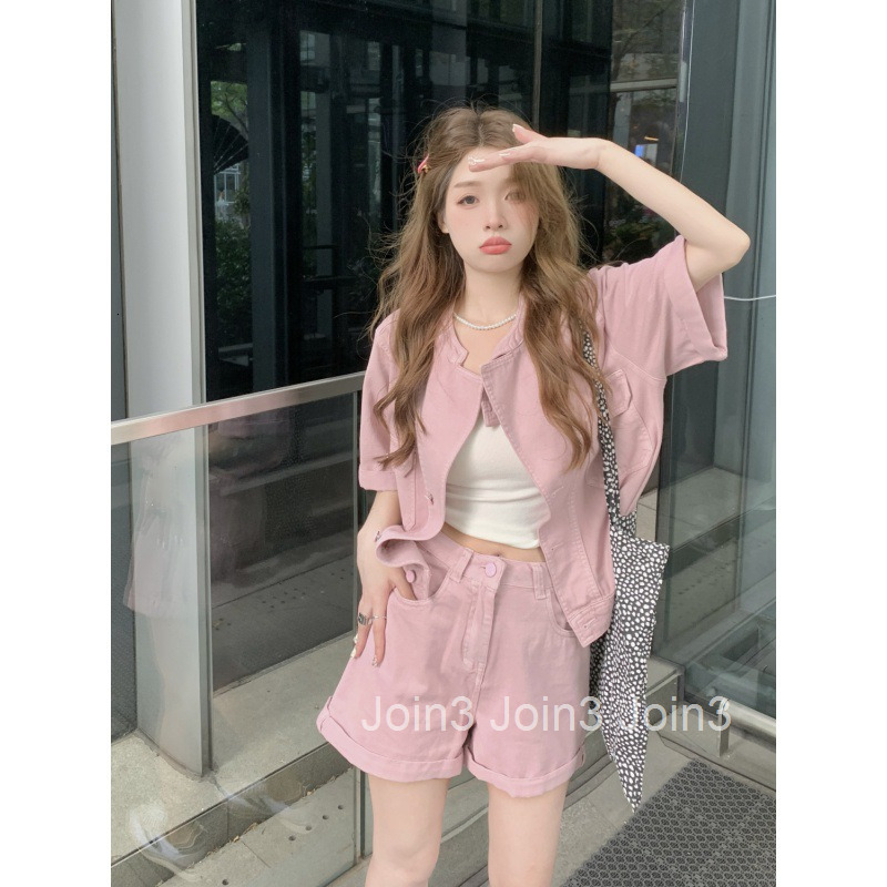 Summer New Design Loose Short Sleeve Denim Jacket Wide Leg Shorts Womens Fashion Set