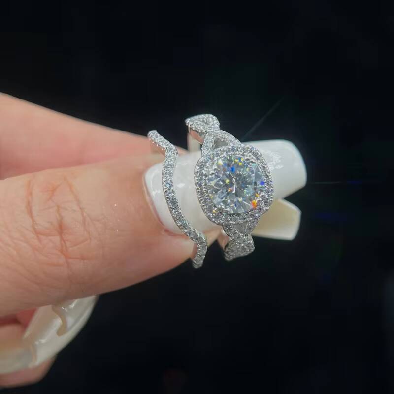 Luxury vvs 1 Ct 6.5mm Halo Moissanite Diamond Wedding Ring Set Pure S925 Sterling Silver for Women Jewelry