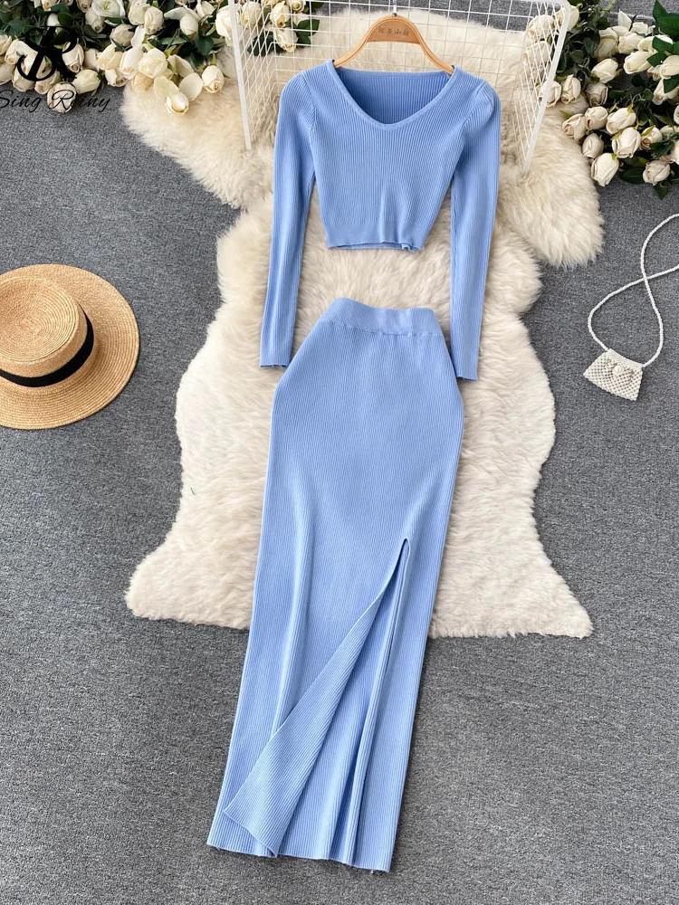 100% Cotton Autumn Sweater Two Pieces Suits Long Sleeves Knit Top Elastic Waist Slim Split Skirt Sets Women Warm Knitted Suit 250729