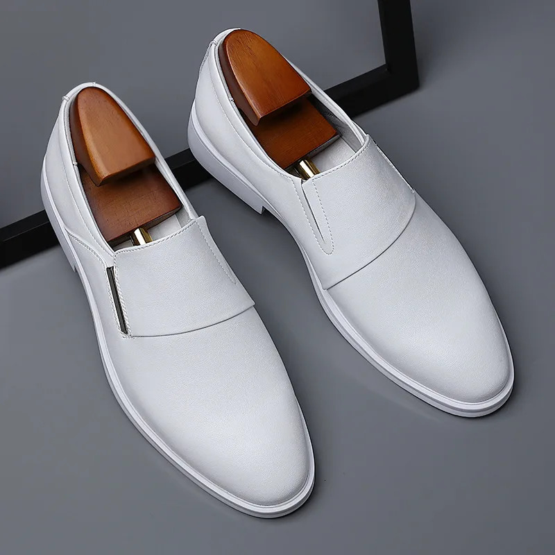 Mens Elevating Dress Shoes British Style Pointed-Toe Cowhide Leather Soft White Oxfords Formal Business Footwear 250725