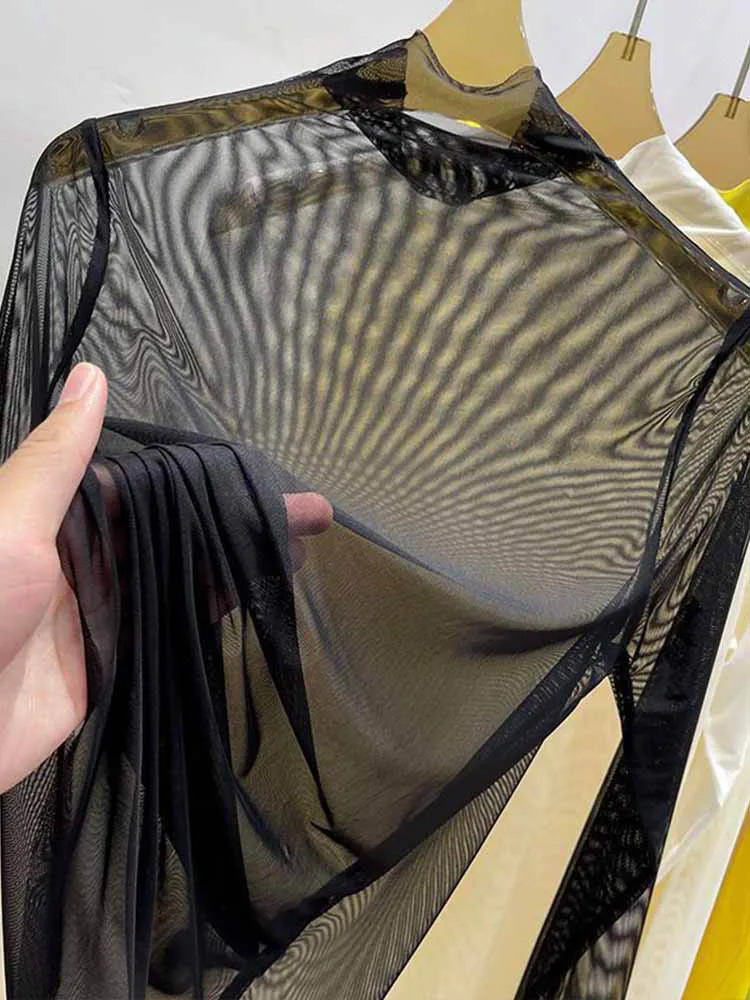 Transparent Gauze Bottoming Tshirt Women Clothing Summer Long Sleeved with Shirt Half High Collar 250729