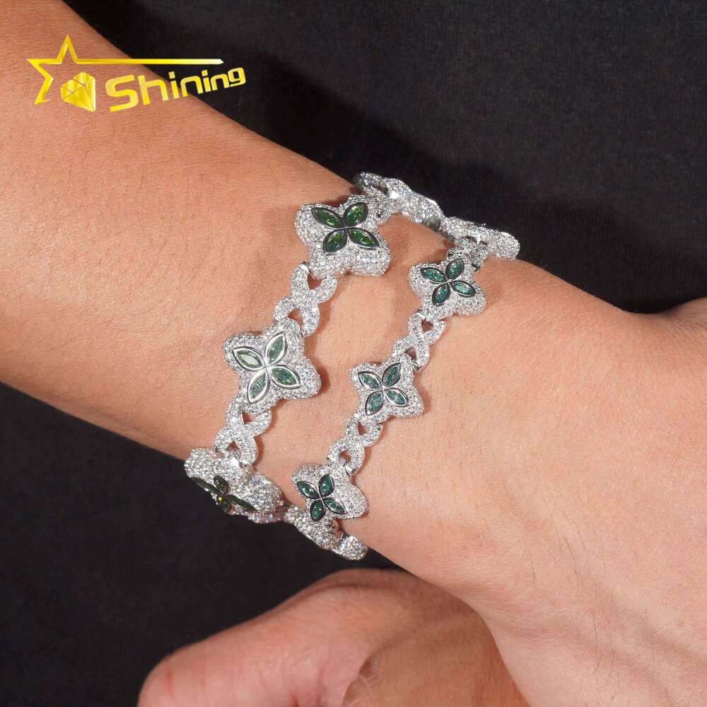 Rapper Hip Hop Jewelry 15mm 18mm Green Clover Cuban Custom Sier Iced Out Infinity Moissanite Bracelet