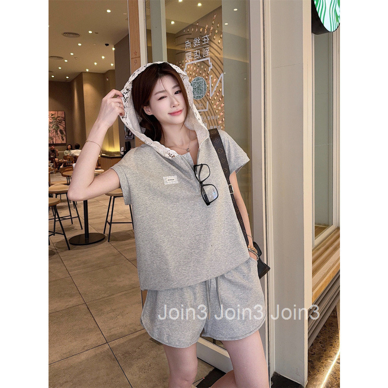 2025 Summer New Simple Gray Casual Two-Piece Hooded Short Sleeve Sweatshirt + Shorts Set for Women