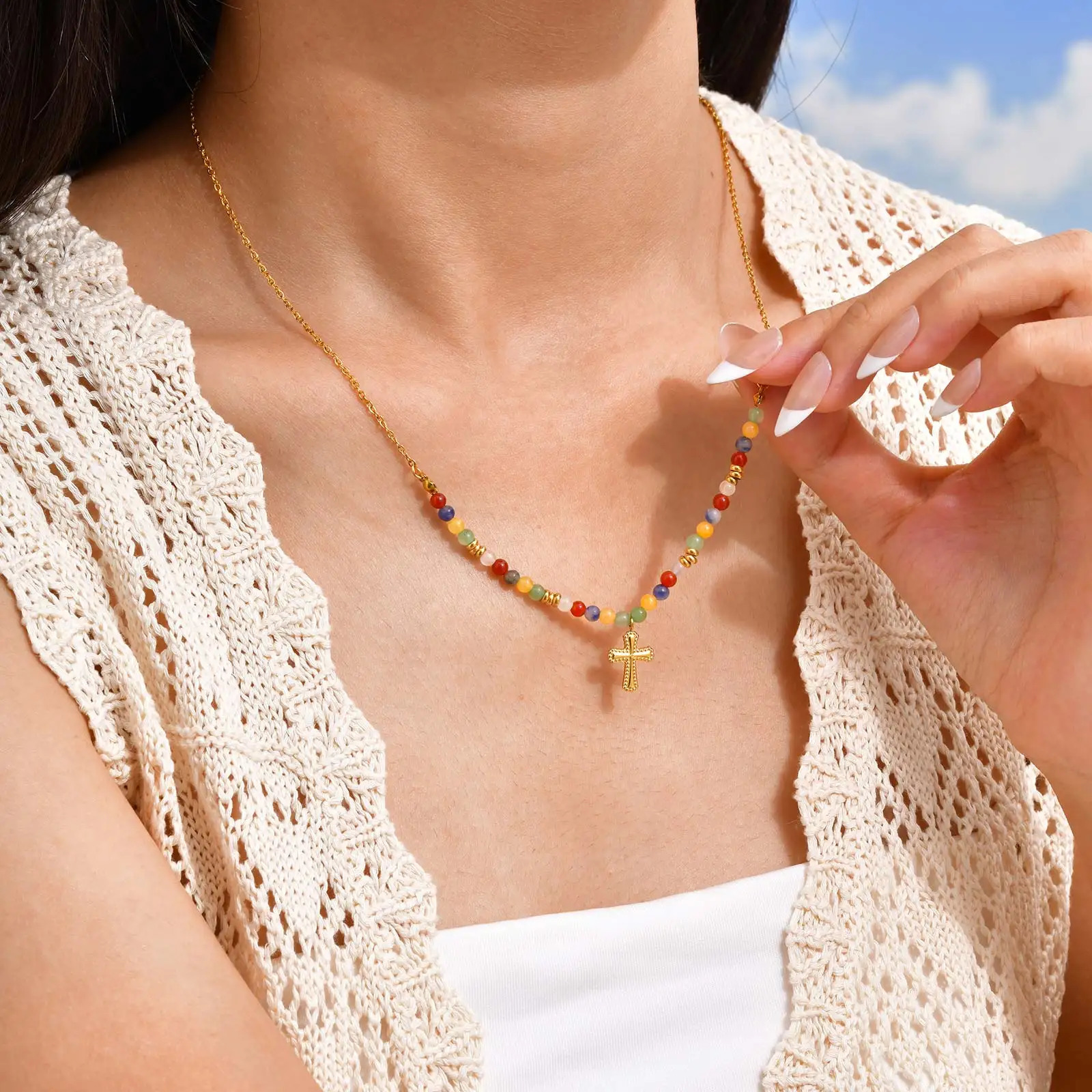 Womens Boho Colorful Natural Stone Bead Necklace Stainless Steel Beaded Chain Water Drop Heart Cross Cherry Pendant Necklace 250729