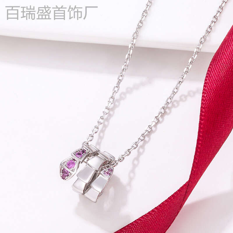 V Circle Head and Tail Smooth Snake Bone Necklace Women, Rose Gold Plated, Fully Inlaid with Dias, Snake-Shaped Double Ring Pendant for Women