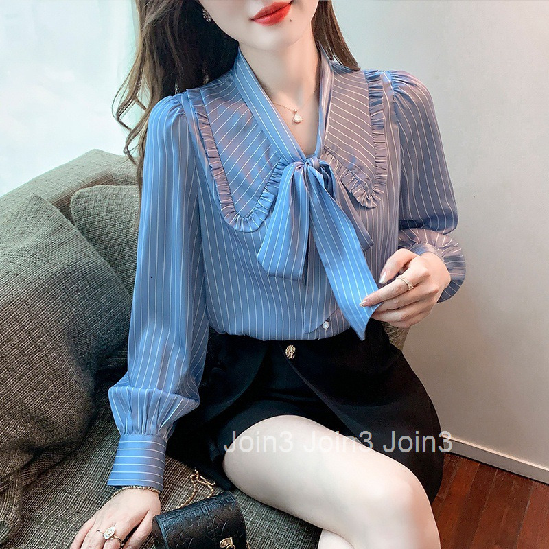 Spring and Autumn New Plus Size Womens Professional Blue Striped Chiffon Long Sleeve Shirt Fashionable Elegant Shirt