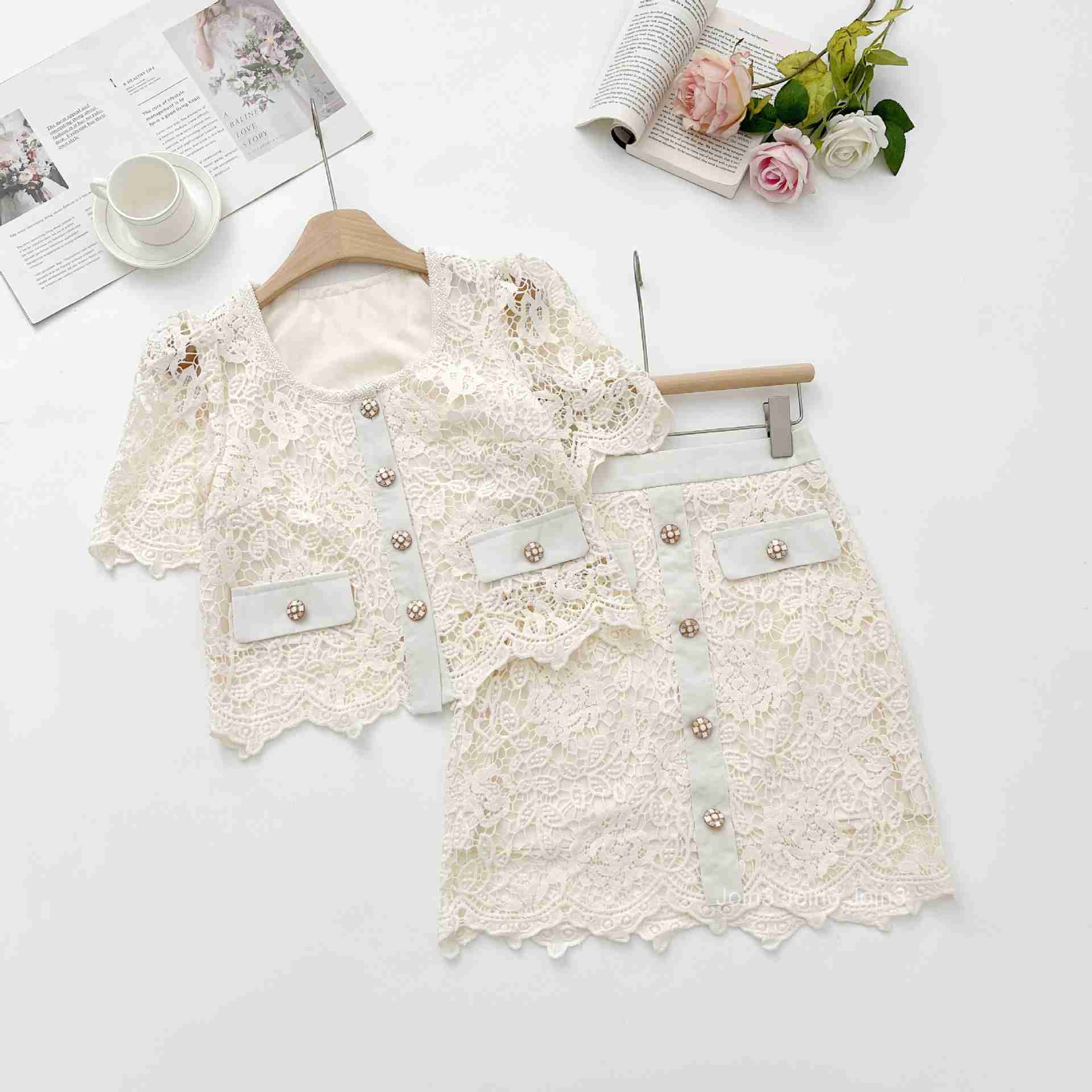 Summer New Fashionable Socialite Design Two-Piece Set Slimming Lace Hollow Short Sleeve Top + Short Skirt Set for Women