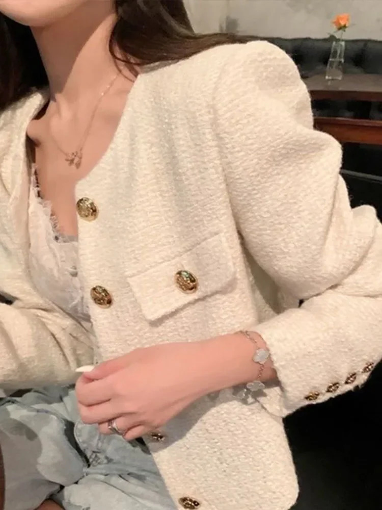 Simple Solid England Tweed Jacket Women Elegant Buttons Long Sleeve Sweet Coat Casual O Neck Fashion Loose Fall Winter Top w250729