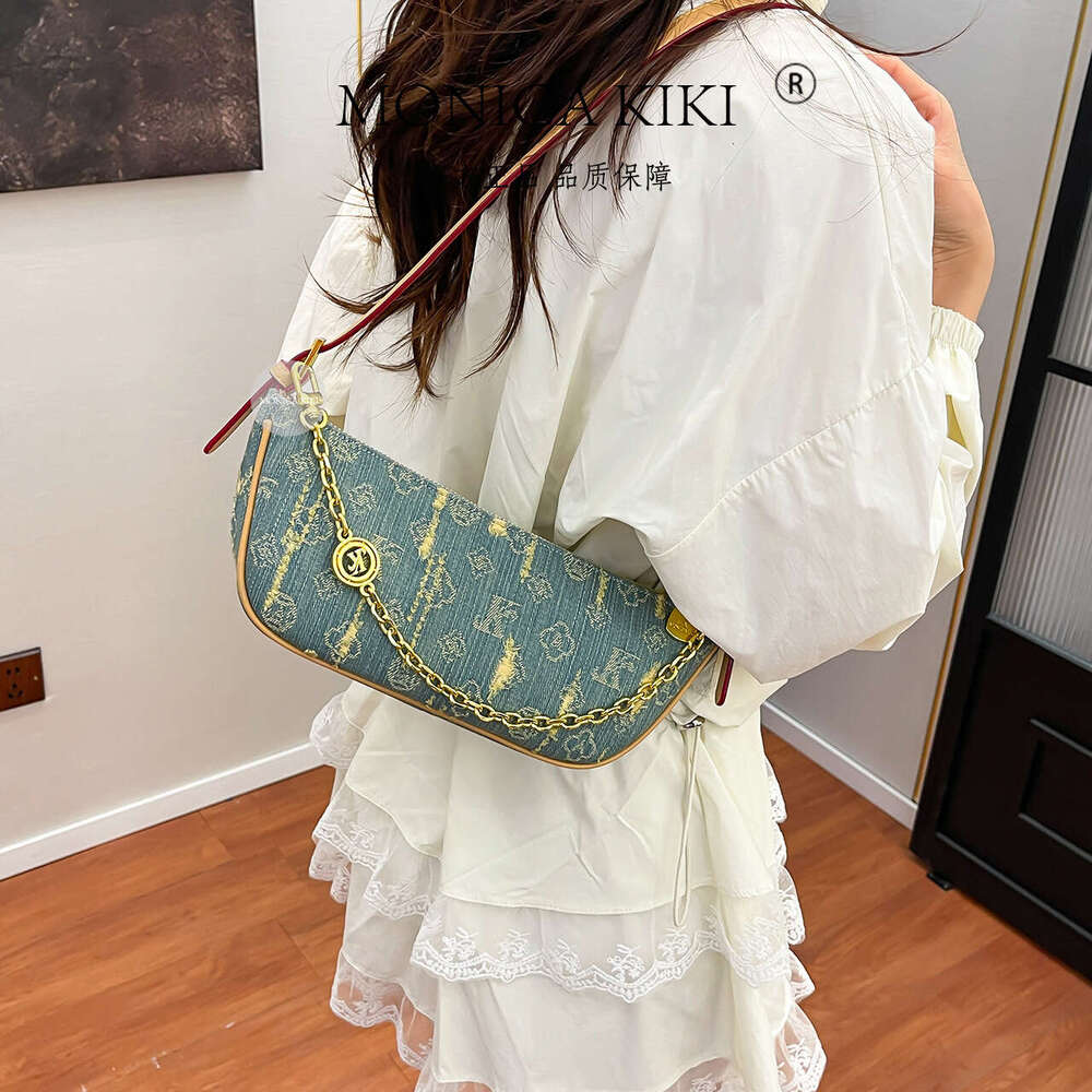 Monica Qiqi Canvas Denim French Style Single Shoulder Underarm Baguette Bag for Women 2025 New Luxury High-end Feel