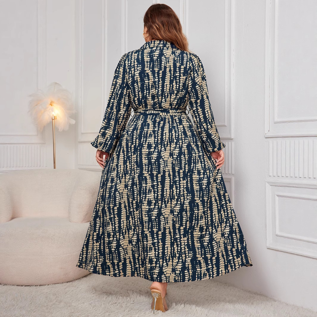 X728Plus size printed waist plus size dress European and American polo neck long sleeve dress