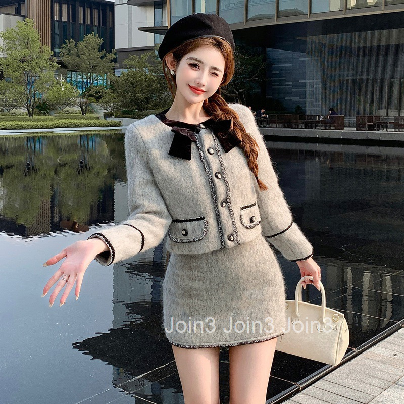 Winter Spring New Design Sense Niche Chic Fashionable Short Skirt Set Long Sleeve Top Jacket + Half Skirt