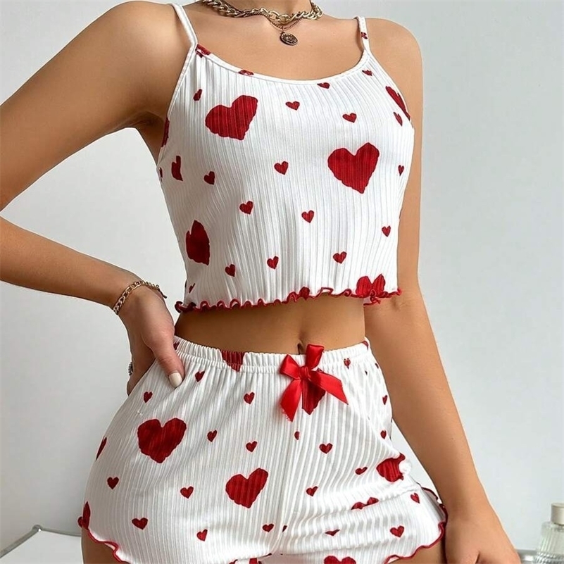 Womens 2PCS Heart Print Pajama Set Sleeveless Crop Top and Shorts Soft Comfy Sleepwear Loungewear for Summer Nightwear y250717