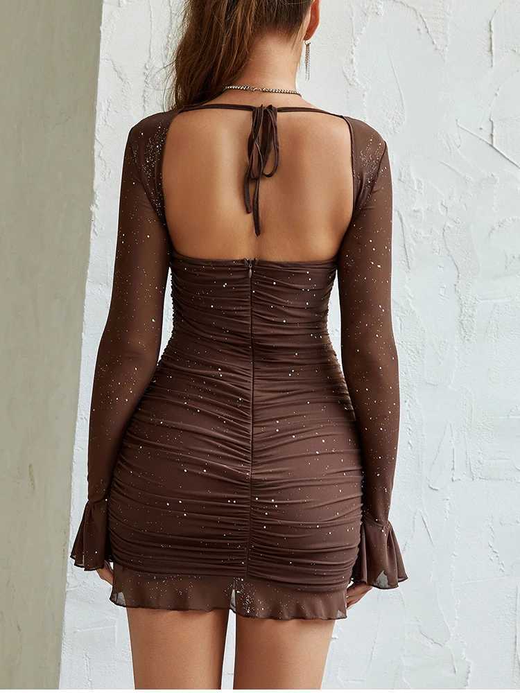 NewAsia Black Sequins Long Sleeve Mini Dresses For Women 2023 Sexy Empire Backless Lace Vestidos Club Evening Short Robes Femme Z250728