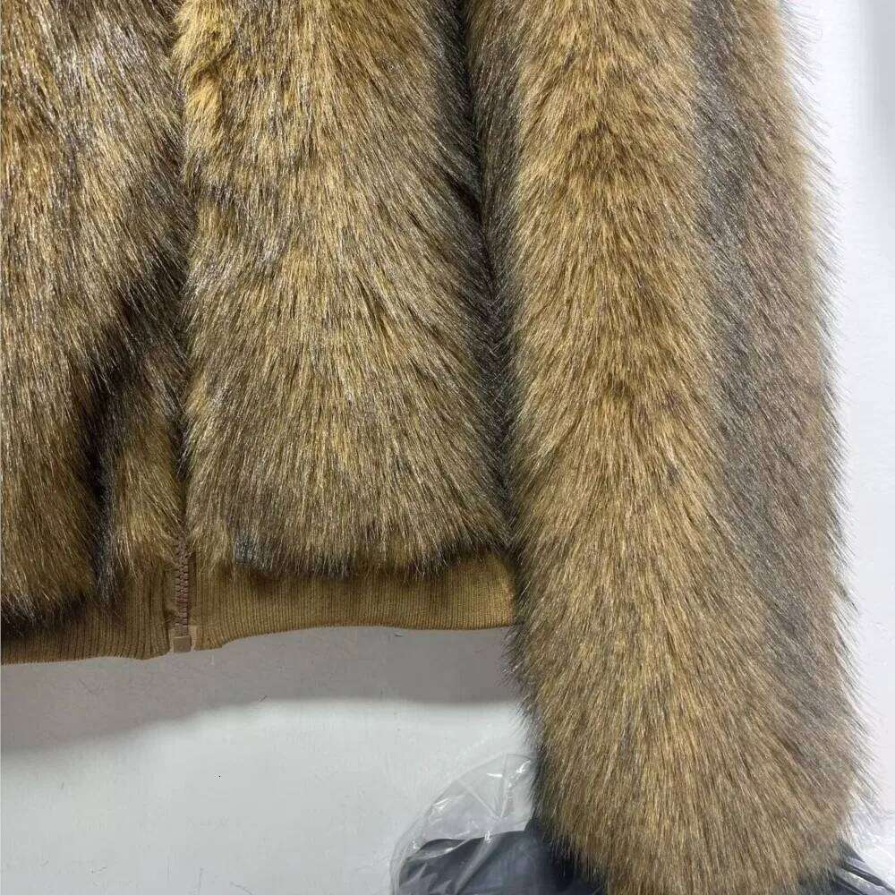 Winter Gradient Brown Long Hairy Shaggy Raccoon Faux Fur Full Sleeve Women Big Lapel Furry Coat Loose Short Outerwear