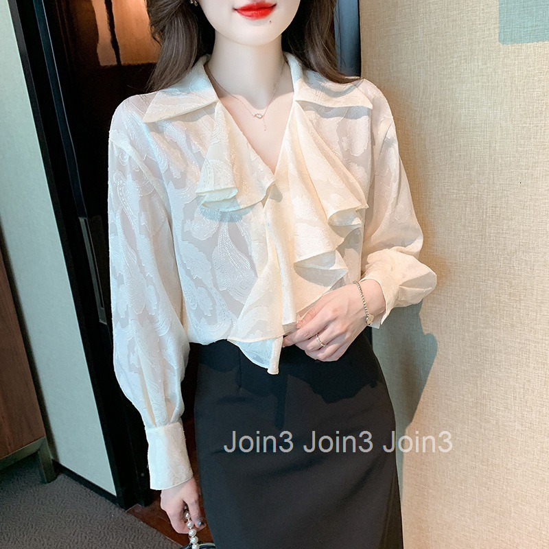 Spring and Autumn French Style Plus Size Womens Fashion Design Ruffled Blouse Chiffon Shirt Womens Blouse Shirt