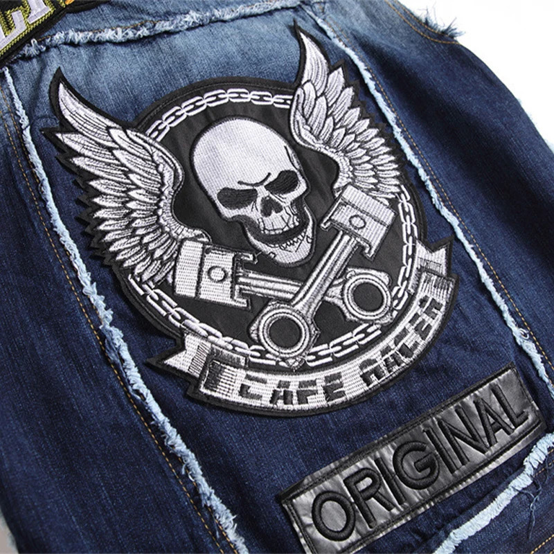 Mens Punk Style Denim Vests Skull Embroidery Sleeveless Waistcoat Jacket Streetwear Hip Hop Jeans Vest 250717