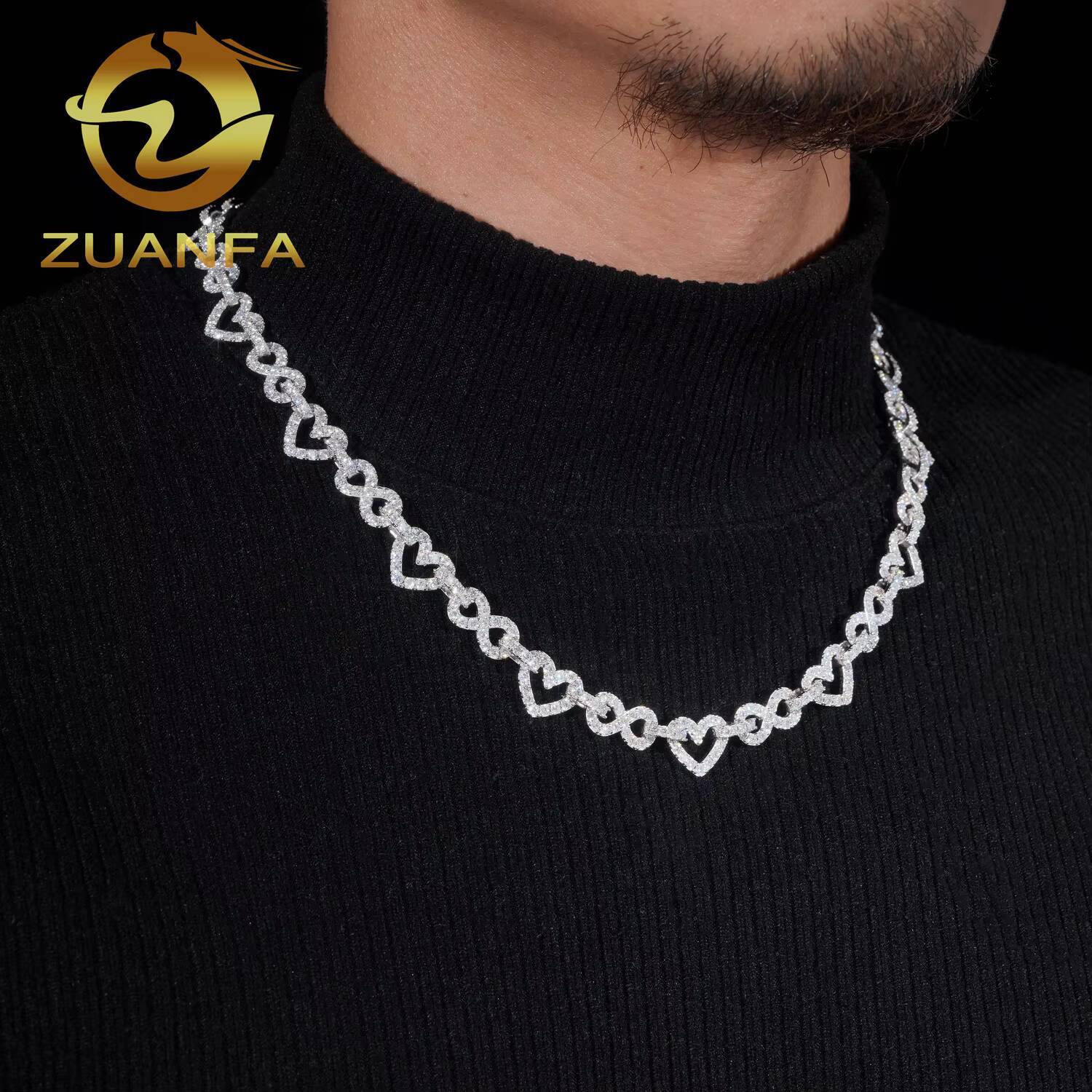 Passed Diamond Tester Heart 12mm Sterling 925 Silver Moissanite Chain Link Cuban Hip Hop Jewelry for Men Women Choker Necklace