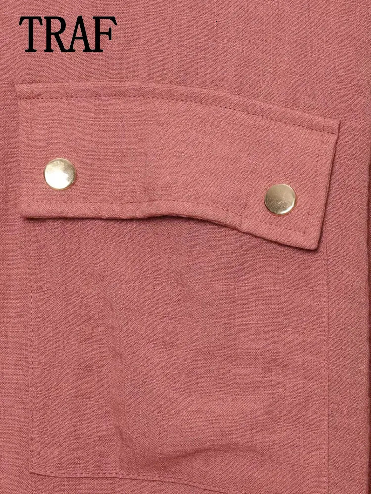 TRAF Casual Women Jackets Turndown Collar Long Sleeve Pockets Loose Coats Fashion Spring Holiday Outerwear 250729