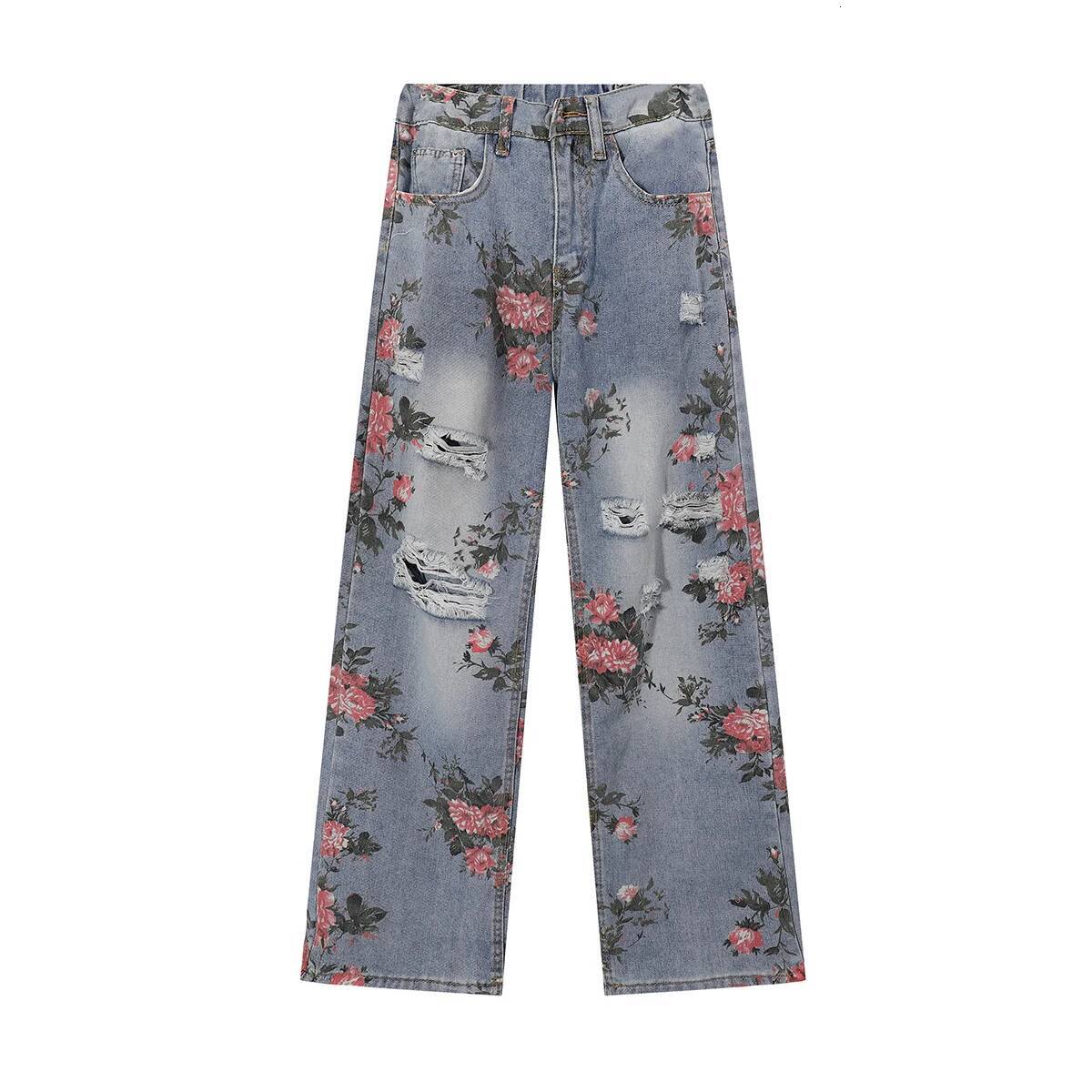 Rose Printed Men's And Women's Straight Wide Leg Denim Ripped Autumn New Vintage Relaxed Fit Jeans Pants S-3Xl