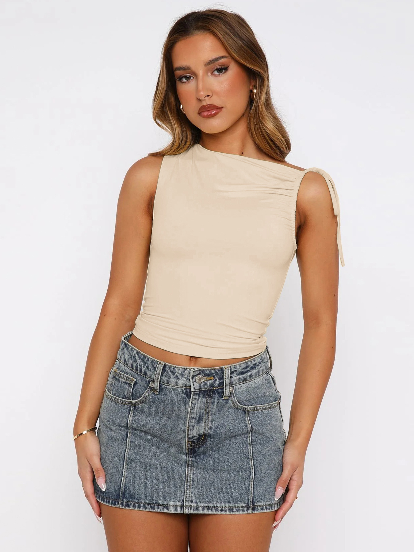 Womens Fashion 2025 Spring Summer New Fashionable Unique Irregular Strap Drawstring Tie Ruched Crop Top for Women