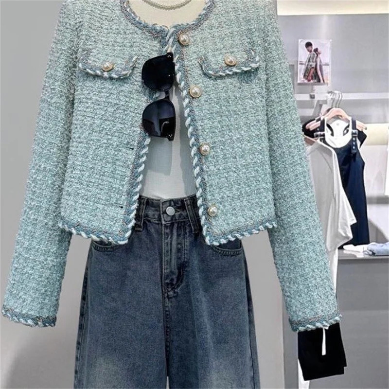Women Elegant Tweed Jackets Chic Oneck Long Sleeve Tops Autumn Fashion Singlebreasted Office Cardigan Coat Outerwear 250729