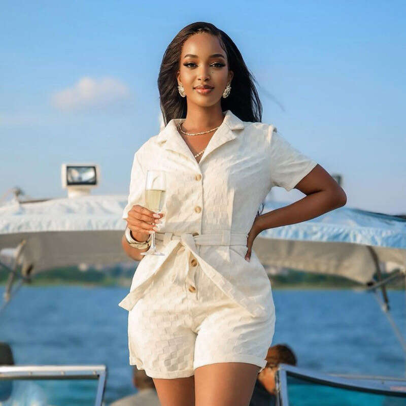 Women's New Fashion Casual Turn-Down Collar Tie Belt Elegant Summer Short-Sleeve Jumpsuit B5