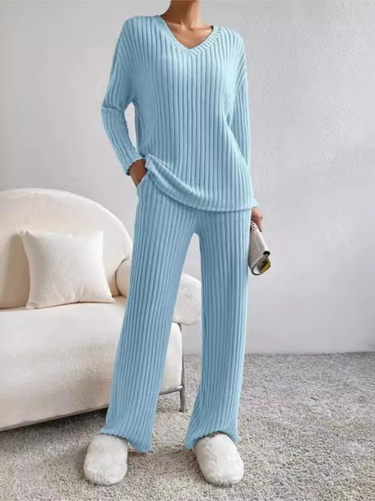 Autumn Womens Fashion Casual Straight Leg Pants With Loose Vneck Pit Stripe Knitted Long Sleeve Twopiece Set 250729