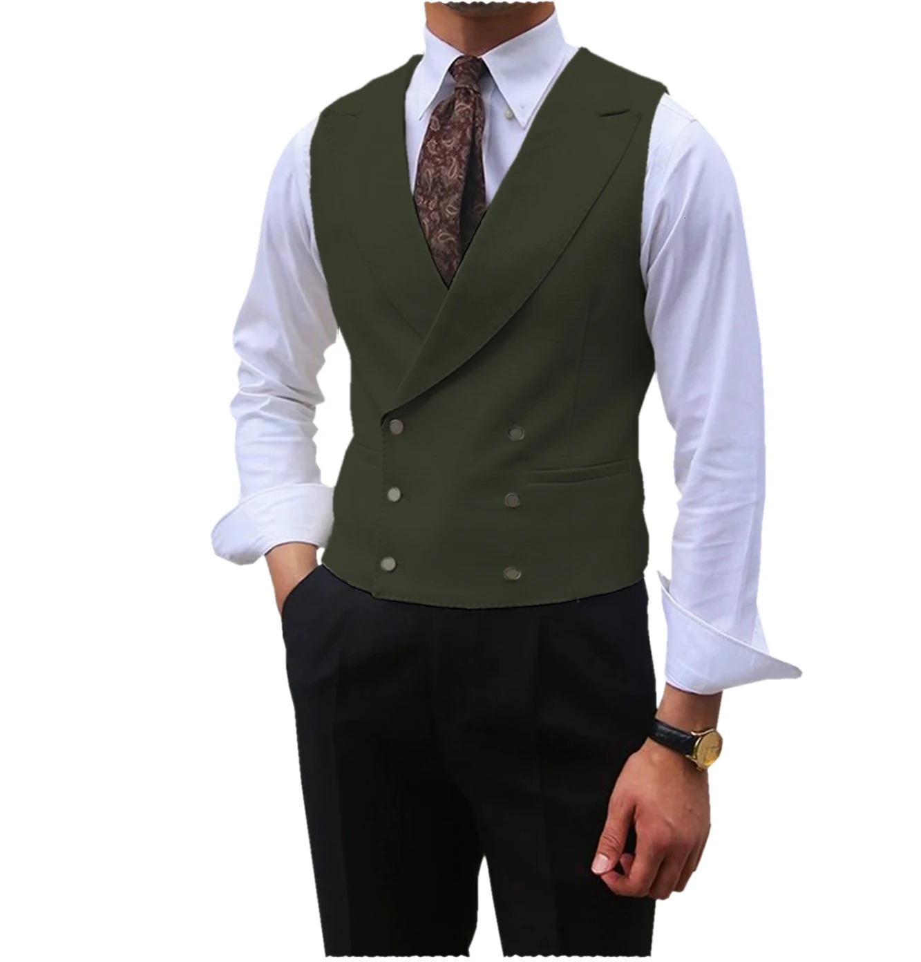 Men Vest Brown Solid Peaked Lapel Double Breasted Sleeveless Jacket Wedding Banquet Business Casual Slim Waistcoat 250729