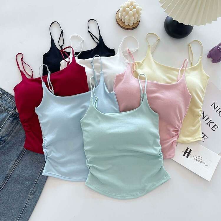 sxzy Summer Fresh Pure Cotton Camisole Vest Design Sense, Ruched Inner Wear with Chest Pads, Slimming Outer Wear, Beautiful Back Top for Women