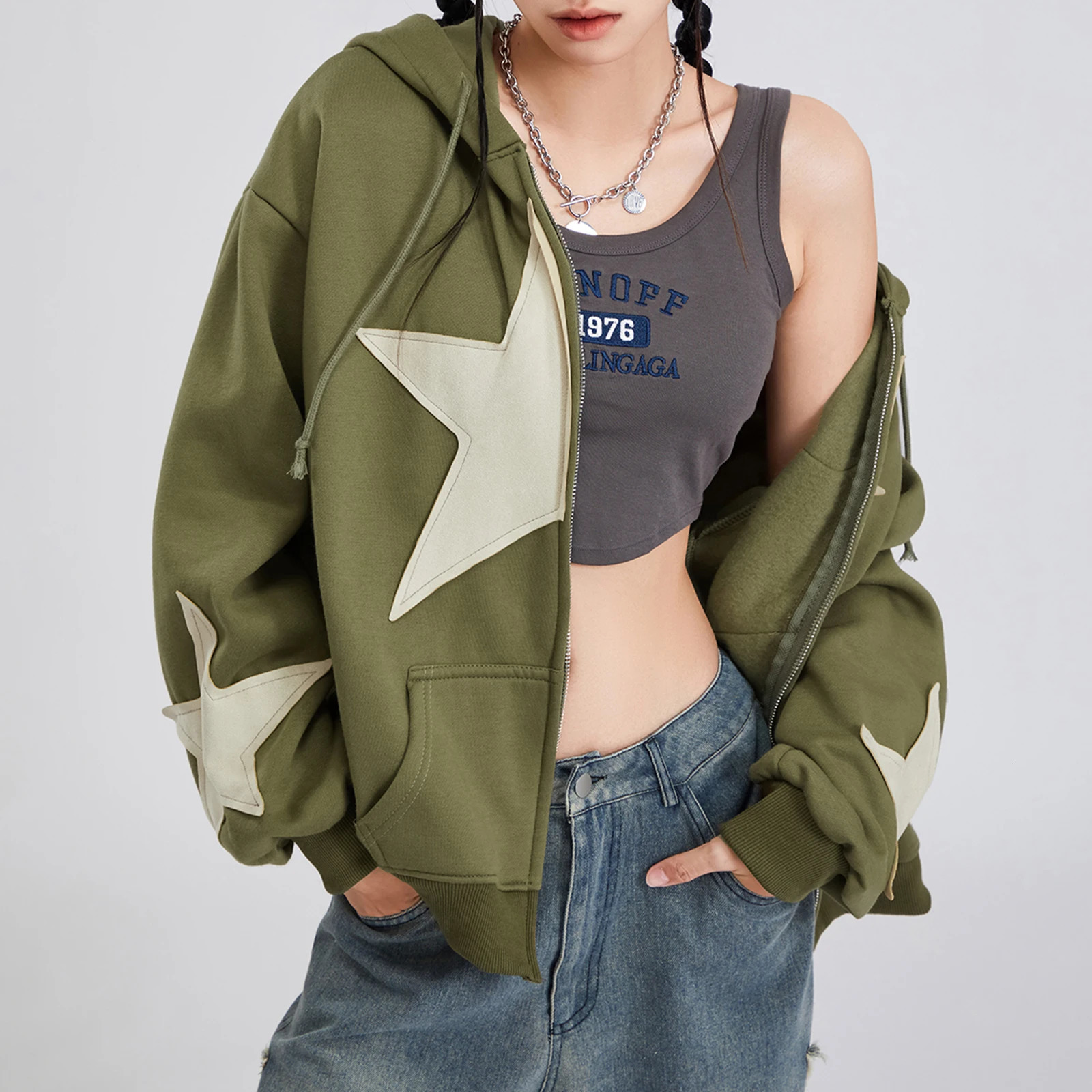 Vintage Star Print Drawstring Hoodies Womens Autumn Casual Loose Long Sleeve Zip Up Hooded Coats Street Harajuku Outerwear 250729