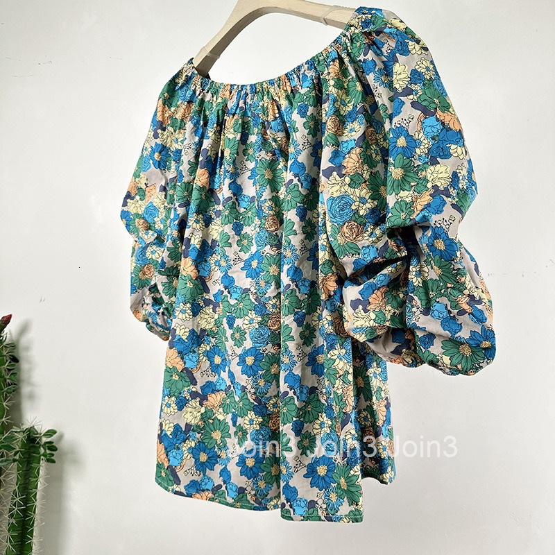 Summer New Korean and Japanese Style Casual T-Shirt Off-Shoulder Three-Quarter Sleeve Floral Shirt Women Pullover Top