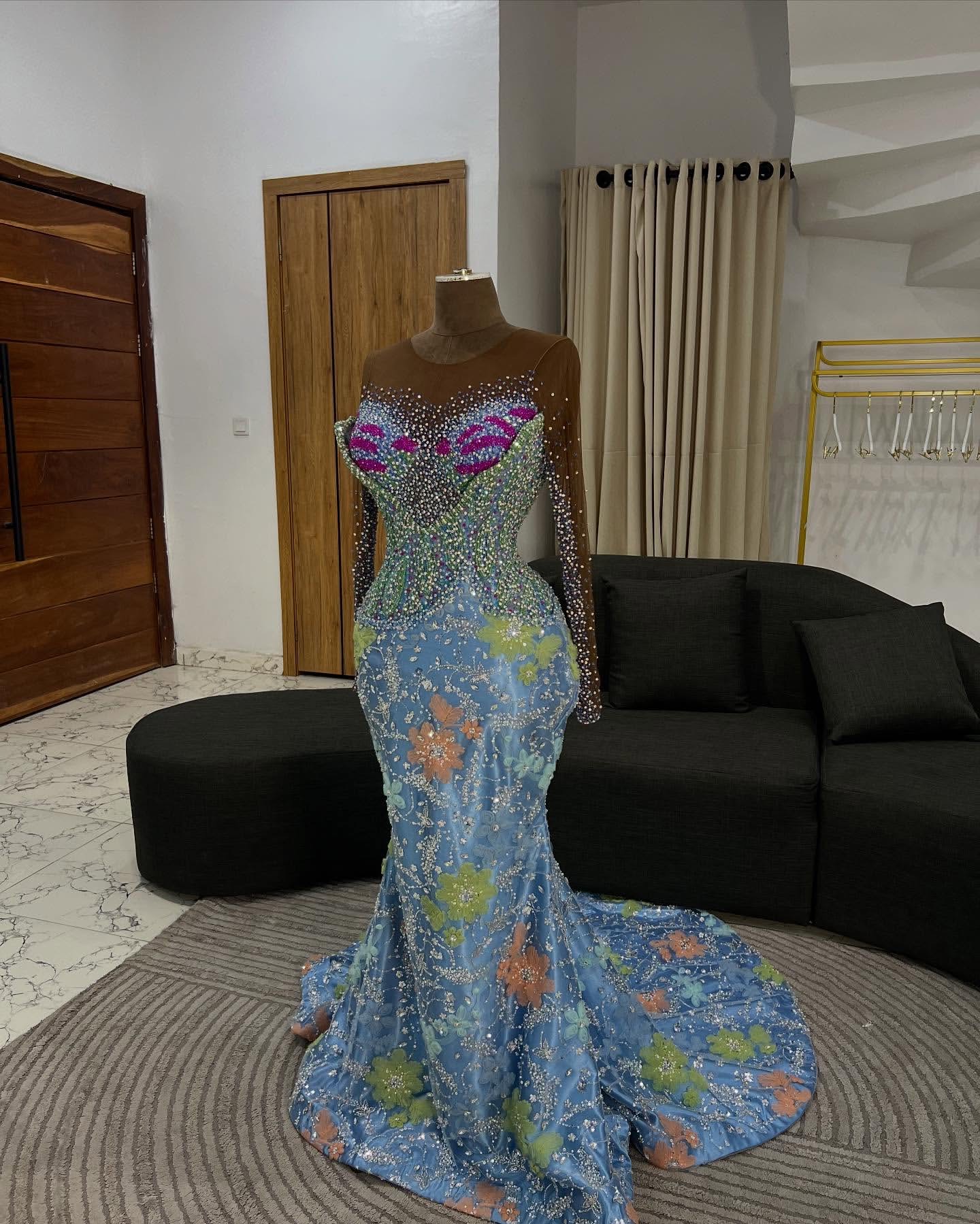 Mermaid Sky Blue Prom Dresses 2025 Crystals Beaded 3D Floral Lace Evening Formal Party Second Birthday Engagement Gowns Plus Size Dress For Special Oc