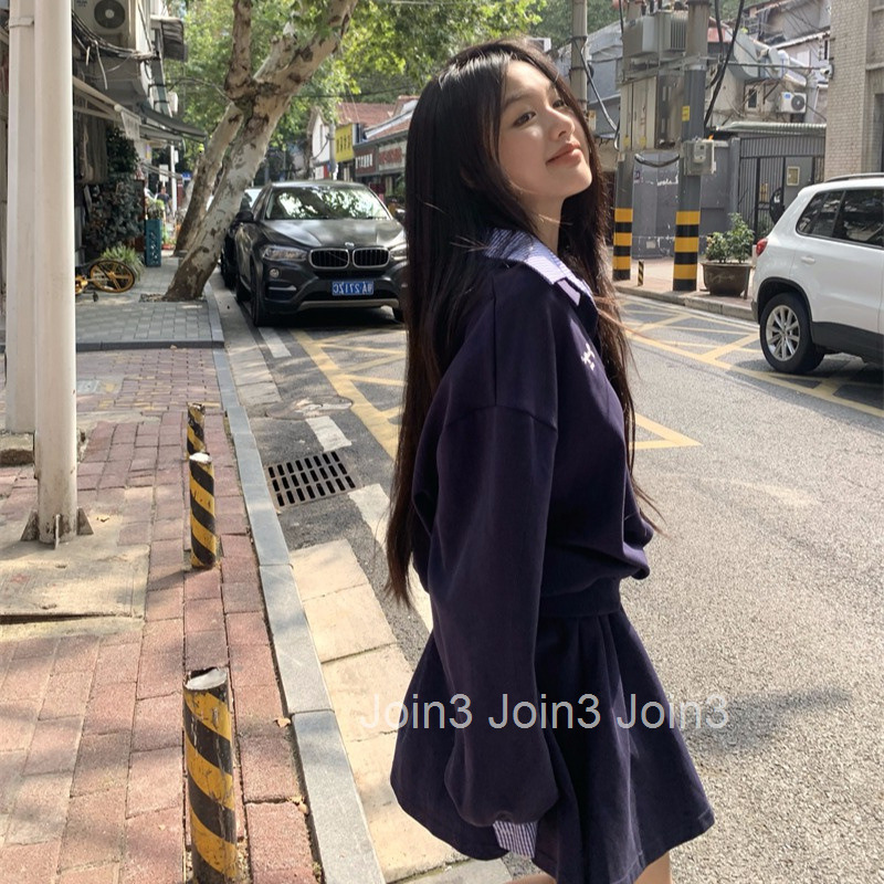 Autumn Winter New Embroidered Patchwork Fake Two-Piece Casual Sports Long Sleeve Top Sweatshirt Half Skirt Set