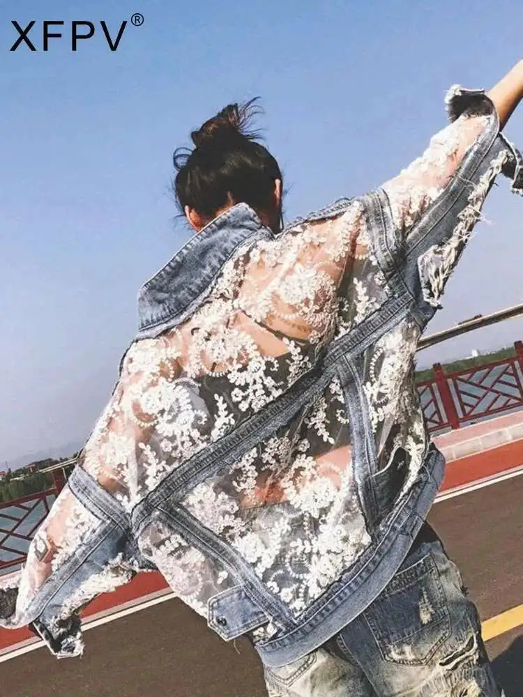 XFPV Women Sweet 3D Flower Embroidered Lace Spliced Loose Short Denim Sunscreen Coat Y2k Korean Fashion Summer 2025 SM11222 250728