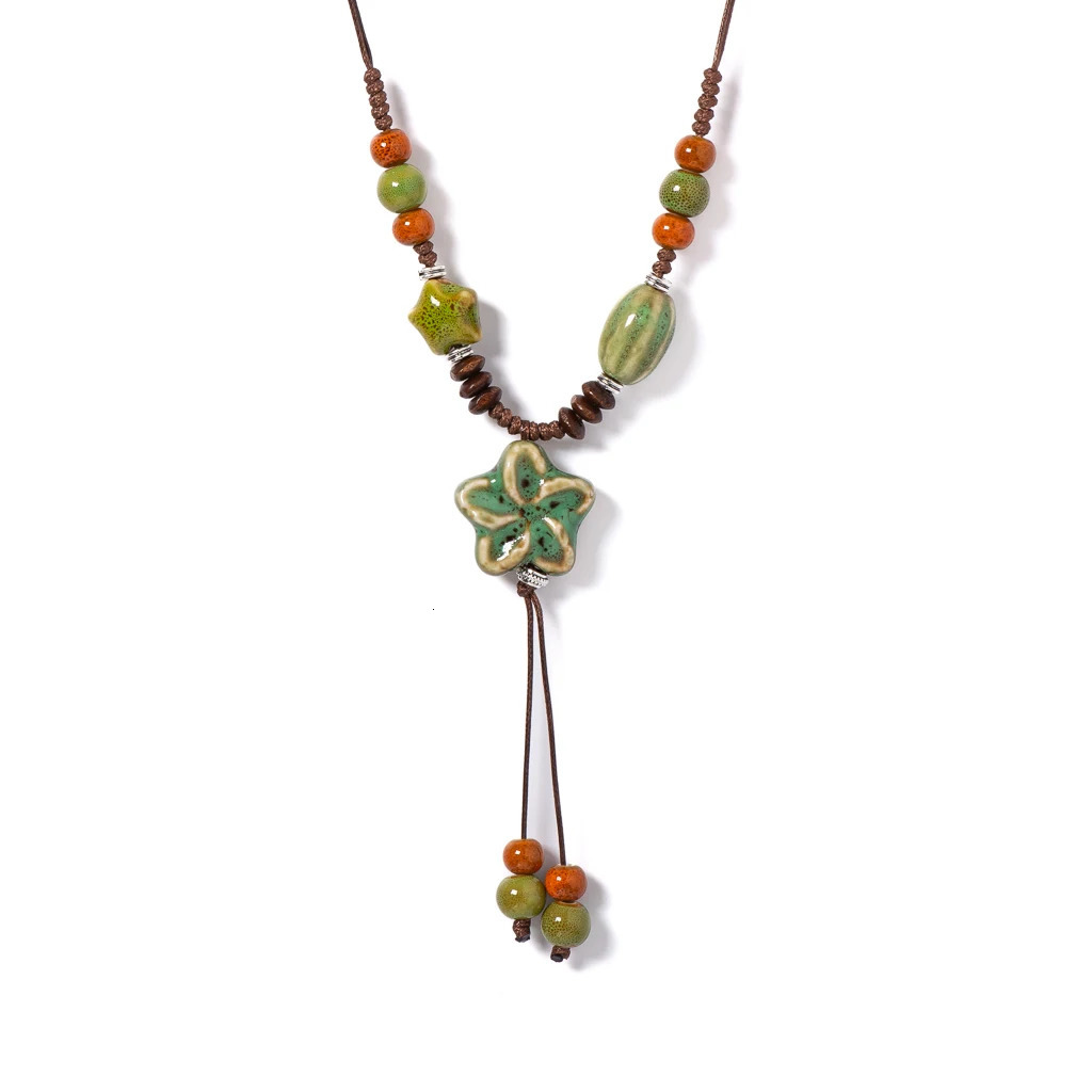 Nature-Inspired Handmade Ceramic Necklace Adjustable Boho Ethnic Jewelry Green Blossom Pendant Long Artisan Statement S02-051 250729