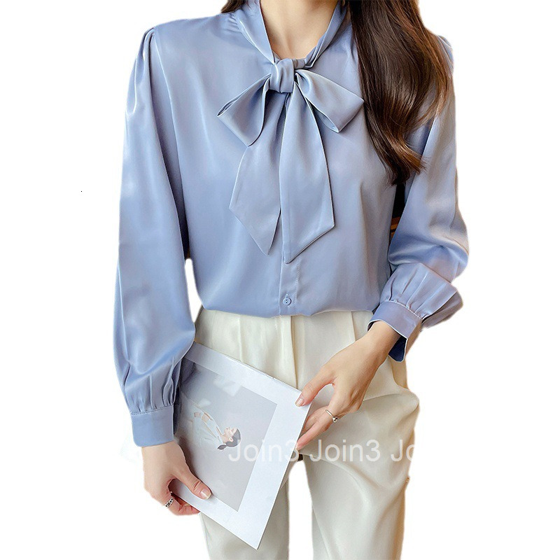 Spring and Autumn Socialite Satin Bowknot Shirt Womens Base Layer Niche Professional Elegant Top Blouse Women
