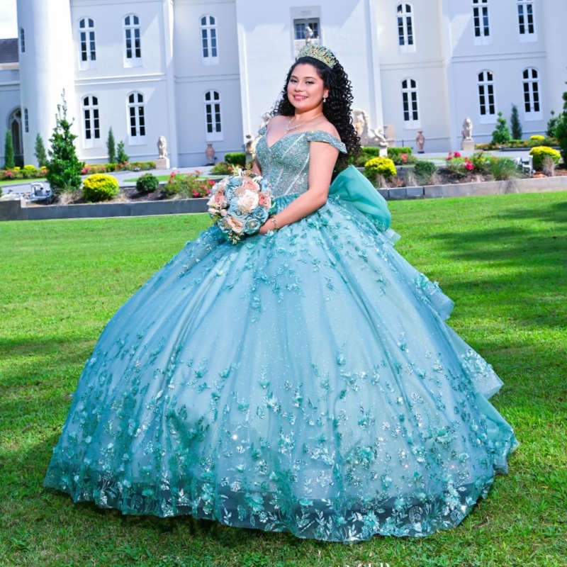 Water Blue Shiny Quinceanera Dresses Off The Shoulder Appliques Flower Beading Tull Ball Gown Lace Up Vestidos De 15 Anos Sweet 16 Dress