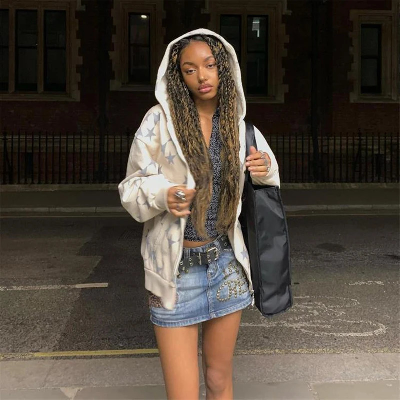 Women Hoodies Gothic Vintage Hip Hop Grunge Jacket Star Print Zip Up Coat Casual Harajuku Loose Sweatshirt Clothes Y2K Tops 250729