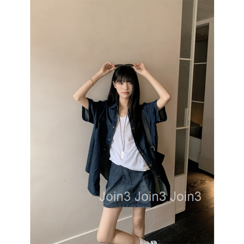 25 Summer New Korean Style Loose Short Sleeve Denim Shirt Top and Half Skirt Two-Piece Set for Women