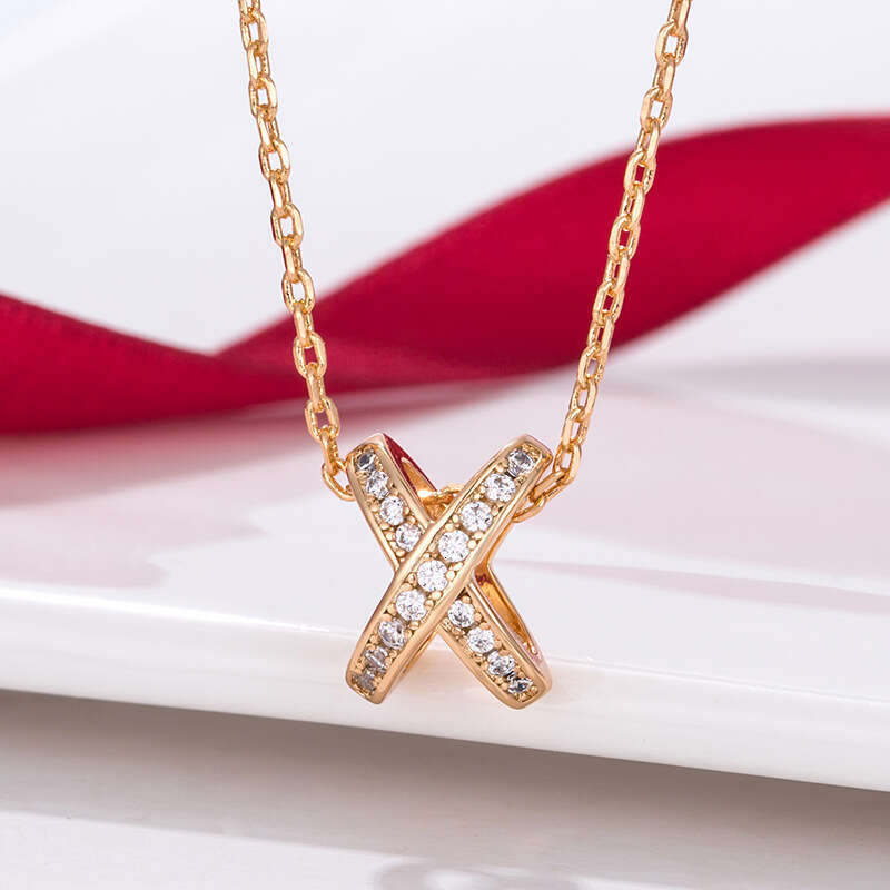Shangmei Cross Hollow Necklace for Women Rose Gold X-shaped Dia-studded Clavicle Chain Light Exquisite High Version
