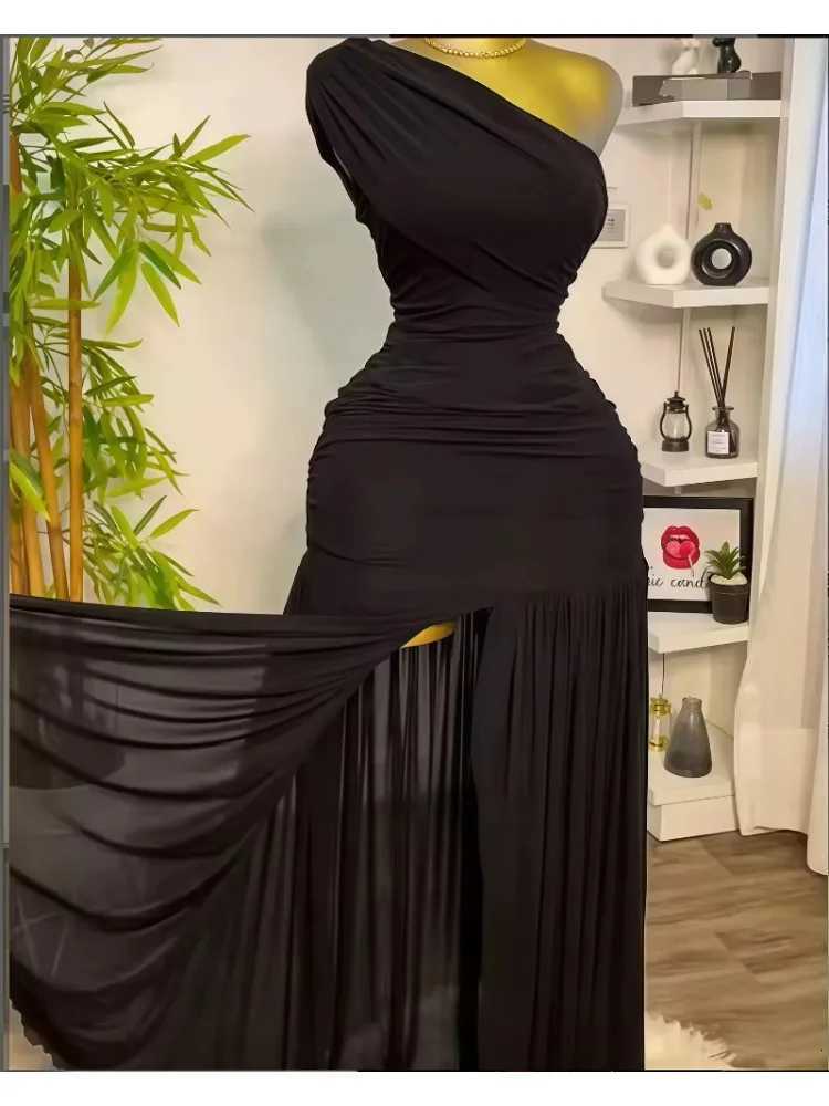 2025 Women One Shoulder Skew Neck High Split Pleated Hem Bodycon Long Maxi Dress Evening Sexy Club Party Dresses Vestido Z250728