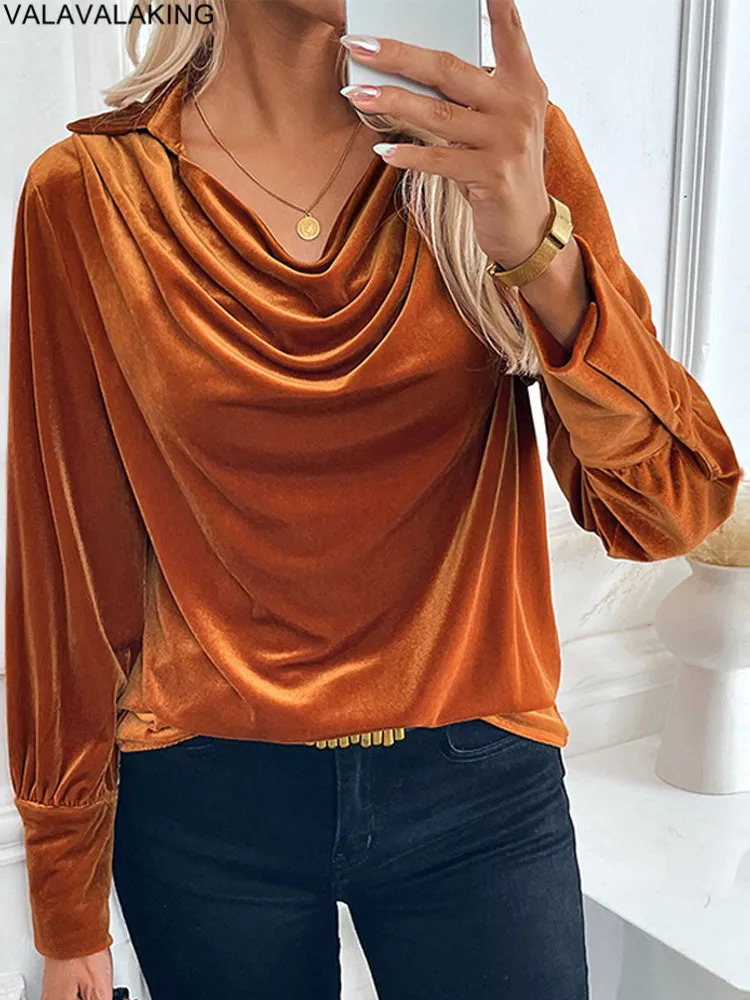 Female Casual Spring Solid Velvet Top Women Long Sleeved Elegant Tshirt Office Lady Autumn Club Pullover Tops Clothes 250729