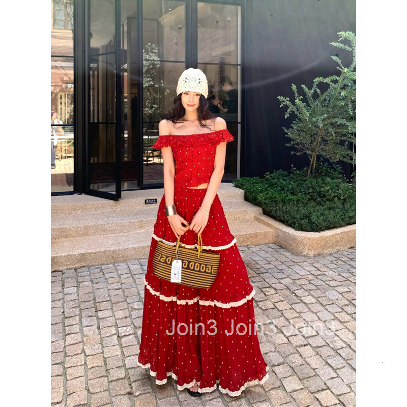 Summer New Sexy Two-Way Wear Round Neck Ruffle Off-Shoulder Blouse Top + Layered Midi Skirt Set