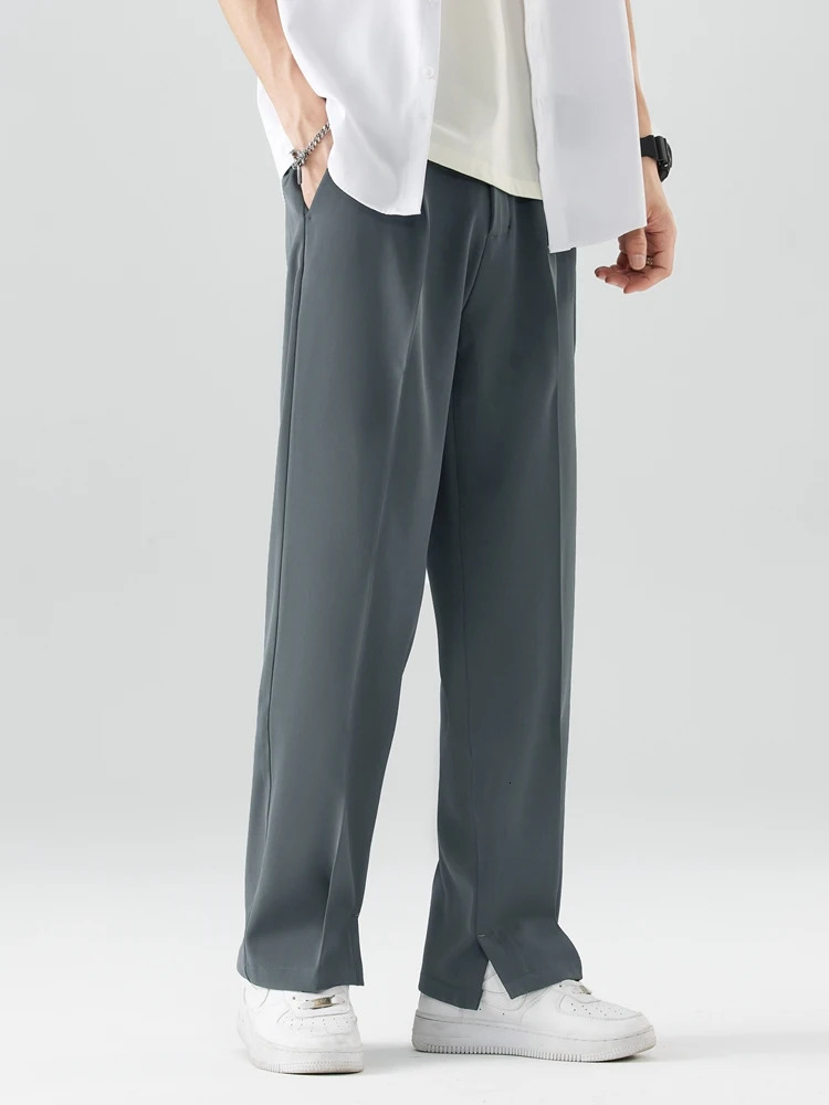 2023 Summer Casual Pants Men Breathable Polyester Korean Fashion SemiWide Banded Waist Slacks Straight Loose Drape Trousers 250729
