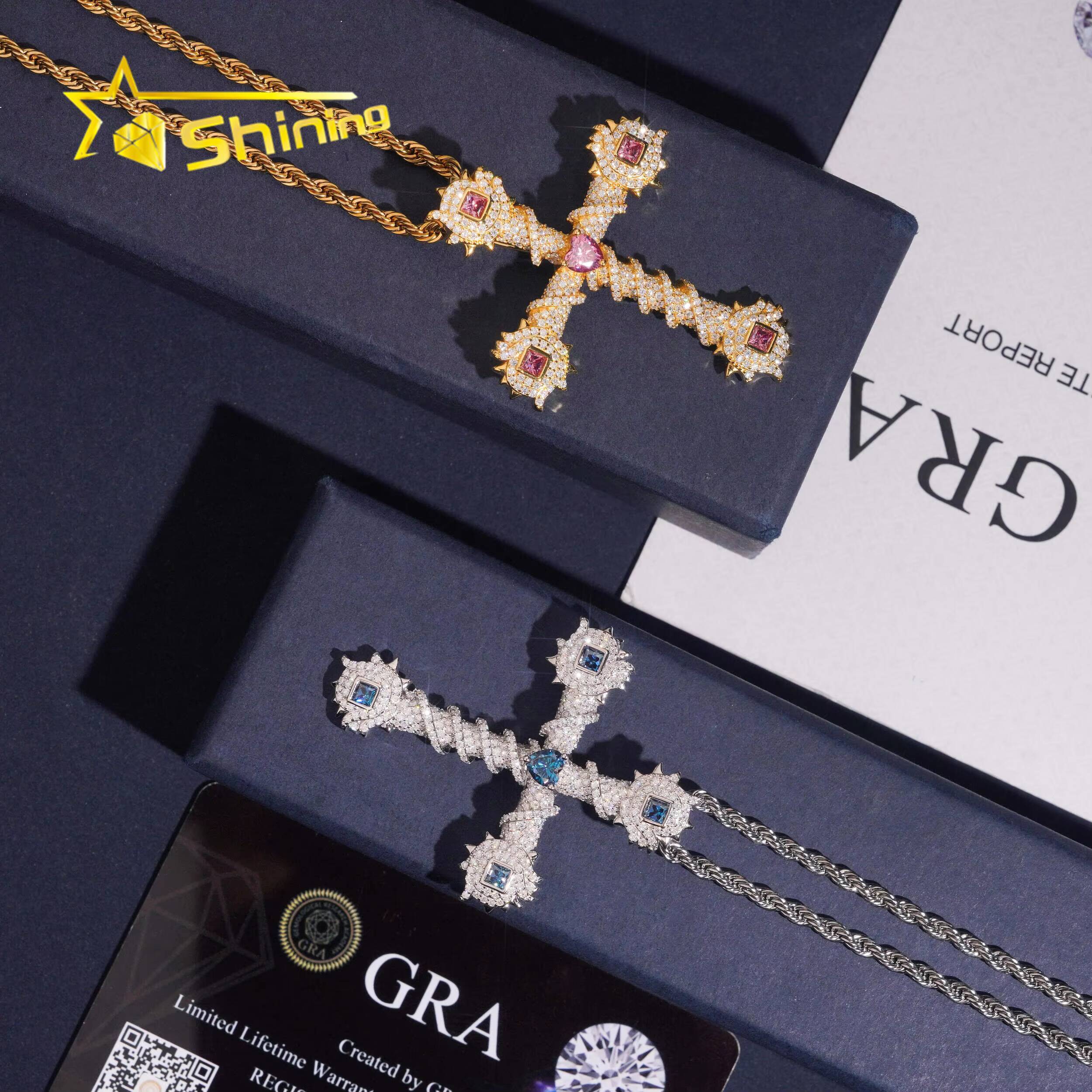 Wholesale Price Fast Shipping Iced Out Cross Pendant 925 Sterling Silver Gold Plated Colorful Moissanite Charms Pendant