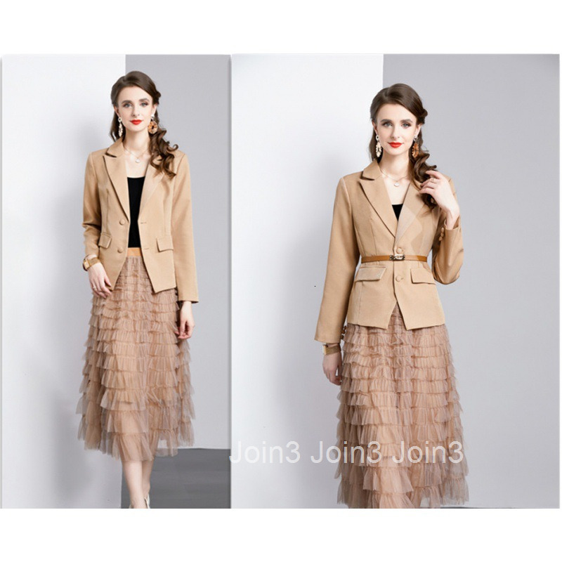Autumn Winter New French Style Plus Size Womens Elegant Long Sleeve Blazer with Belt + Half-length Tiered Skirt