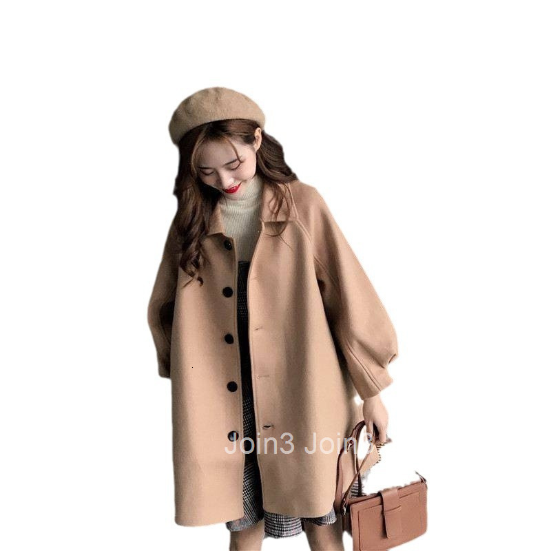 Autumn Winter New Style Lapel Single-Breasted Lantern Sleeve Wool Coat for Women Plus Size Korean Version Loose Woolen Coat for Women